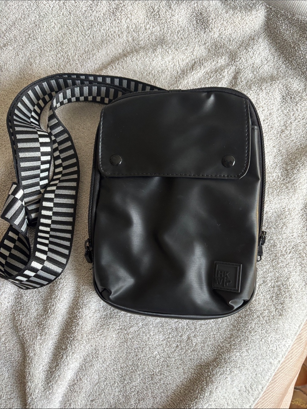 Ihkwip Black Crossbody Bag with Black & White Striped Strap
